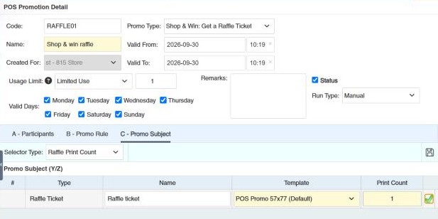 A raffle ticket on the Promo Subject tab